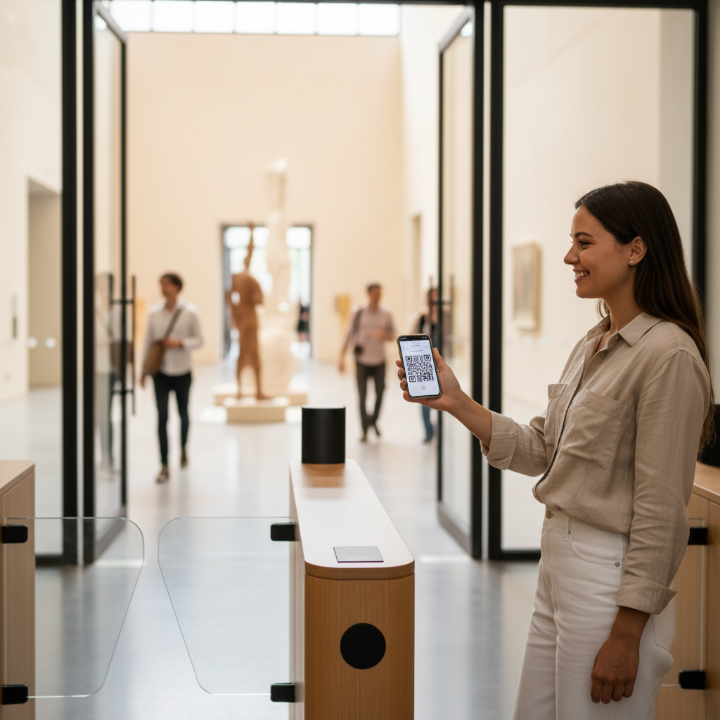 Visiteur scannant un QR code de pass annuel à l'entrée d'un musée moderne