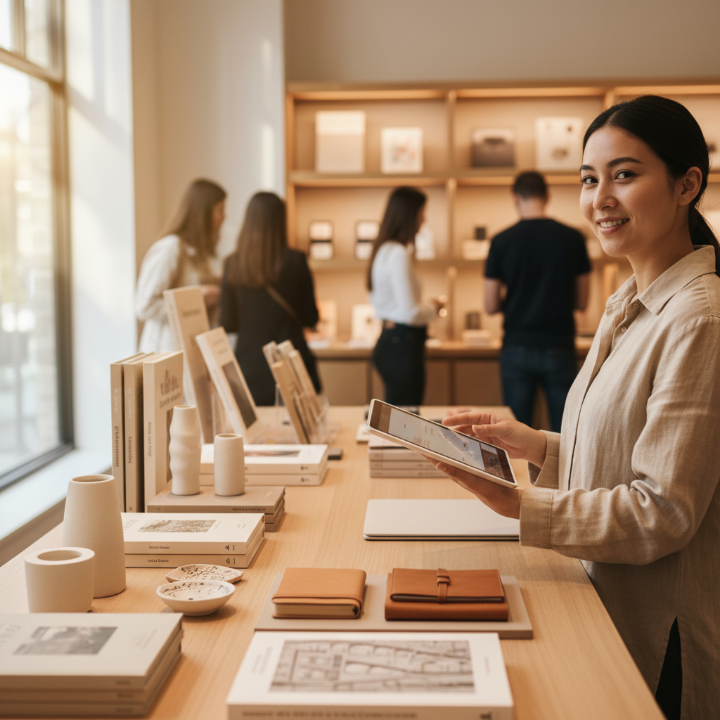 Responsable de boutique de musée utilisant une tablette pour gérer les ventes et le catalogue avec le logiciel Odoo